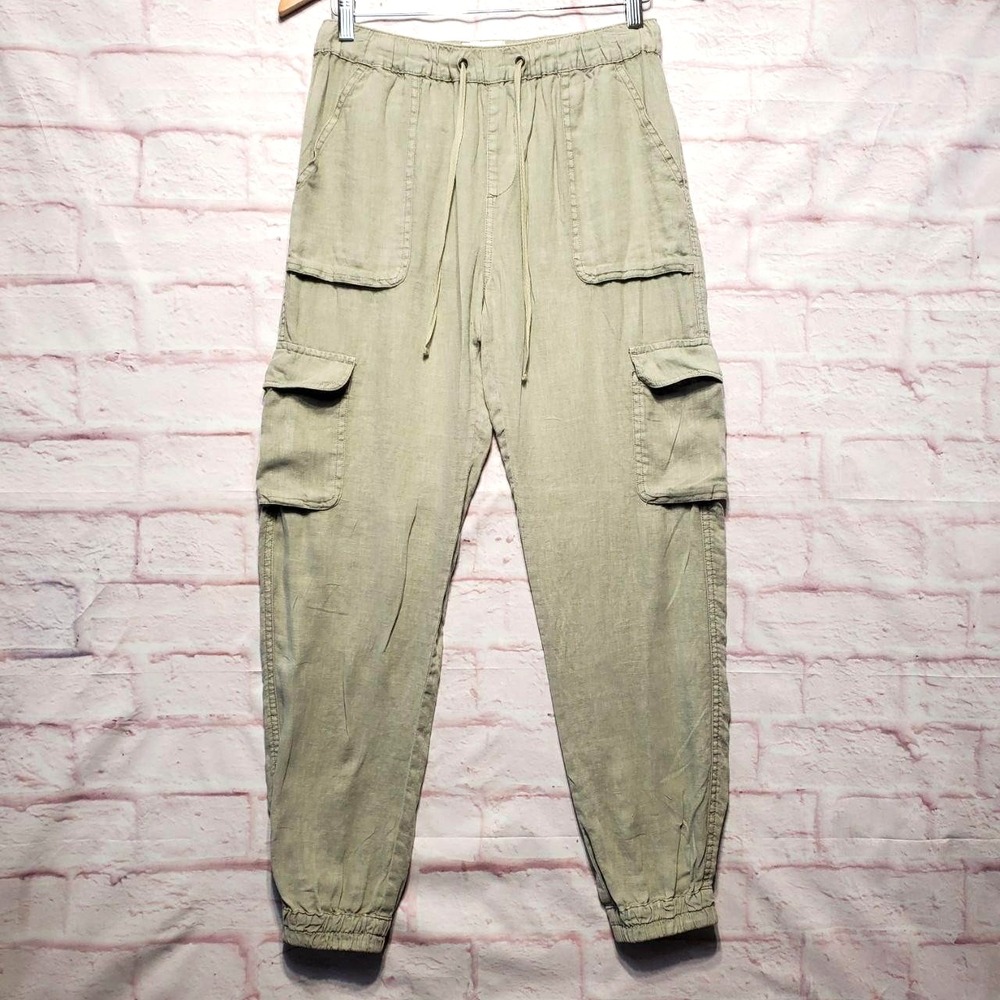 Nicole Miller 100% Linen Cargo Jogger Pants Womens Small Green Drawstring Casual